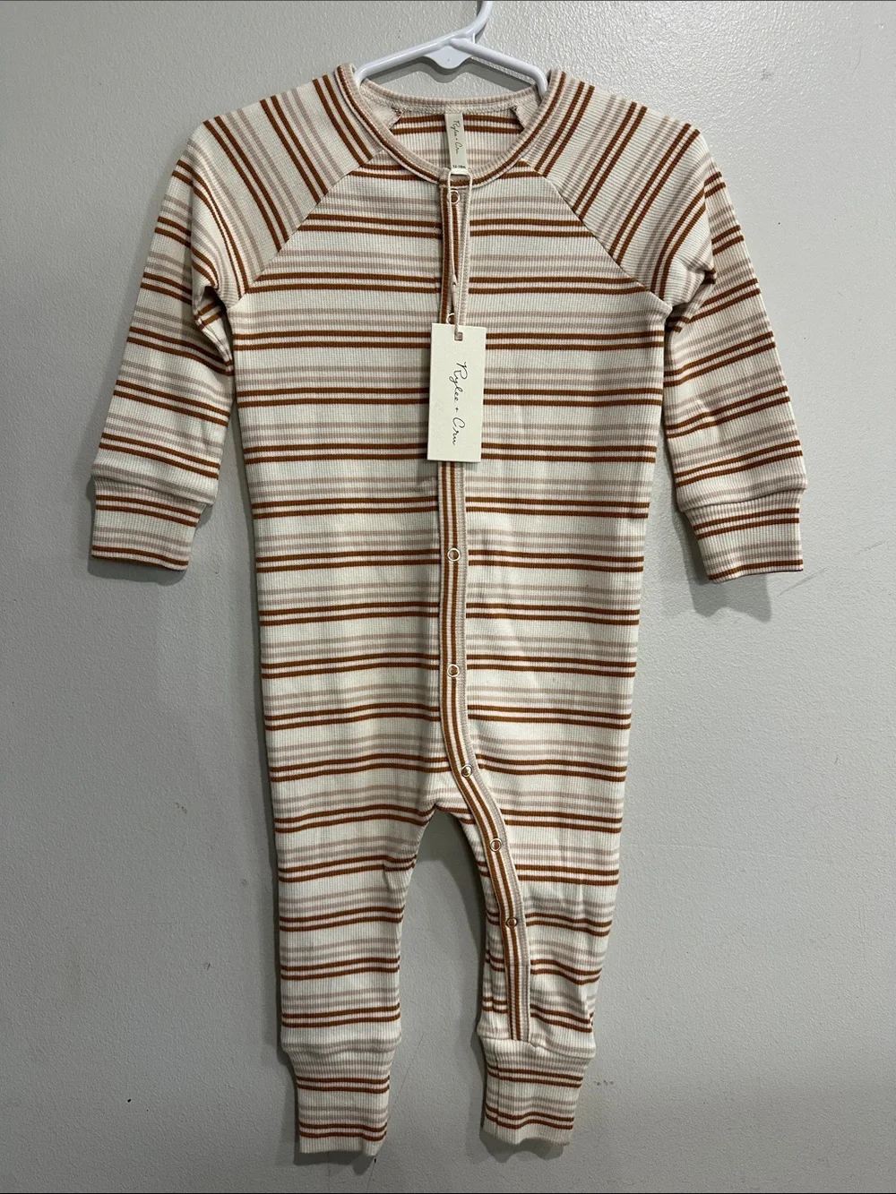 NWT Rylee + Cru Organic Cotton Ribbed Romper 12-18M Cinnamon Oat Stripe